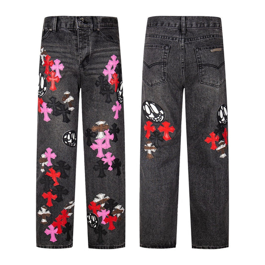 Chrome Hearts マルチクロスパッチ デニムジーンズ - グレー ゴシック ストリートパンツ 1111