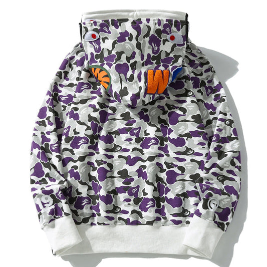 BAPE Purple Camo Shark Doppel-Hoodie mit Reißverschluss