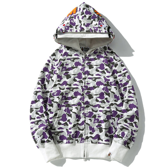 BAPE Purple Camo Shark Doppel-Hoodie mit Reißverschluss